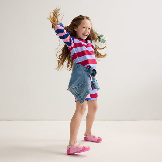hover | Model wearing The Kids Double Strap Sandal in Tutu.