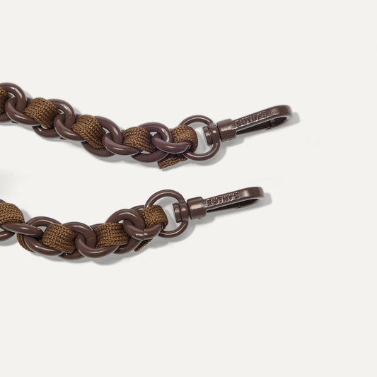 A close-up of The Crossbody Strap in Espresso Chain-Knit, focusing on the end snap hooks.