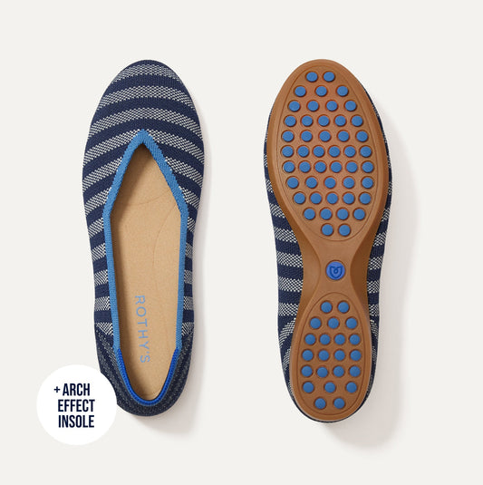 PDP |The Daily Flat in Harbor Cabana Stripe shown from the top with one shoe showing the outsole.
