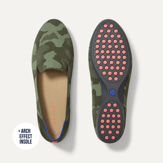 PDP |The Daily Loafer in Green Camo shown from the top with one shoe showing the outsole.