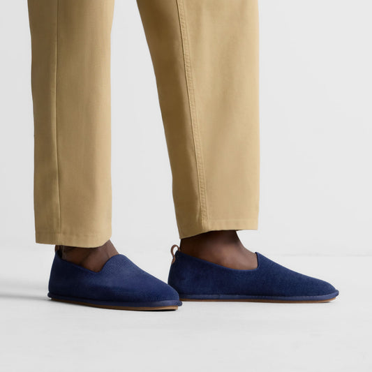 hover | Model wearing The Men's Cruiser Loafer in ReVelvet™ Deep Navy.