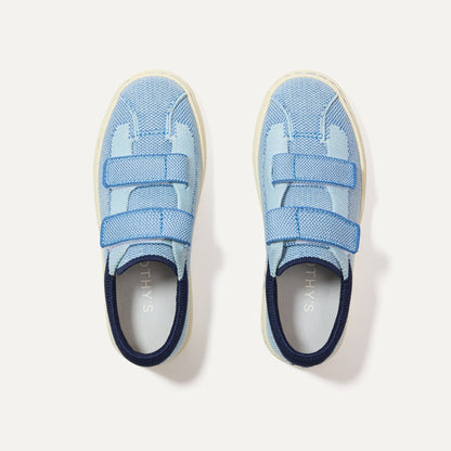 The Kids Strap Sneaker in Berry Blue shown from the top.