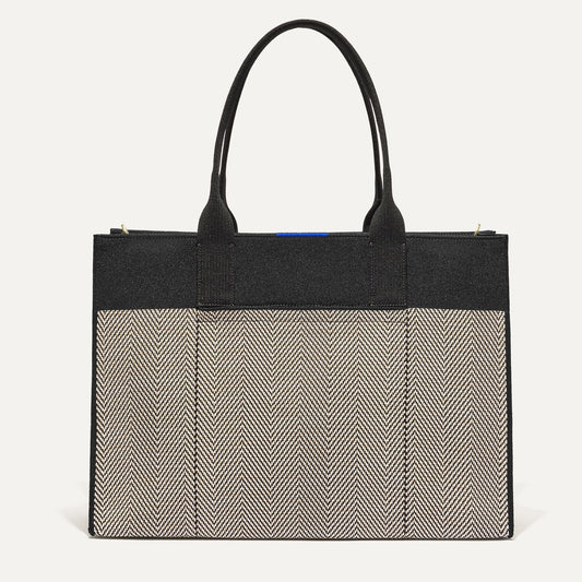 PLP |The Classic Tote in Black Herringbone, shown from the front.