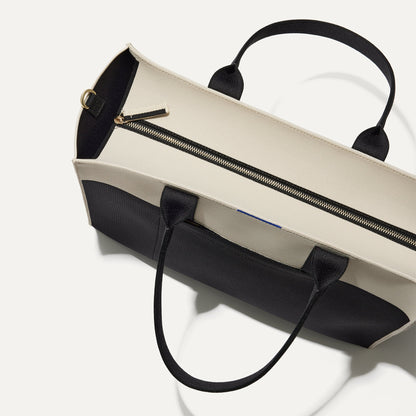 The Classic Tote in Luna, shown from above, with the top zipper closed.