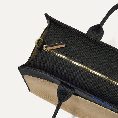The Classic Tote in Tiramisu, shown from above, with the top zipper closed.