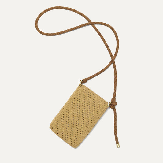 The Phone Crossbody in Brown Butter Crochet back shown from above.
