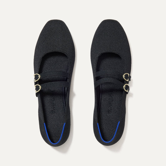 The Double Buckle Mary Jane in Black shown from the top.