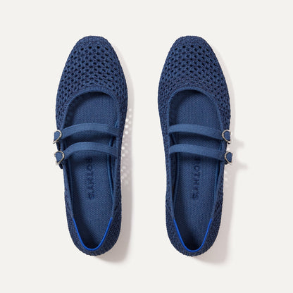 The Double Buckle Mary Jane in Blue Mesh shown from the top.