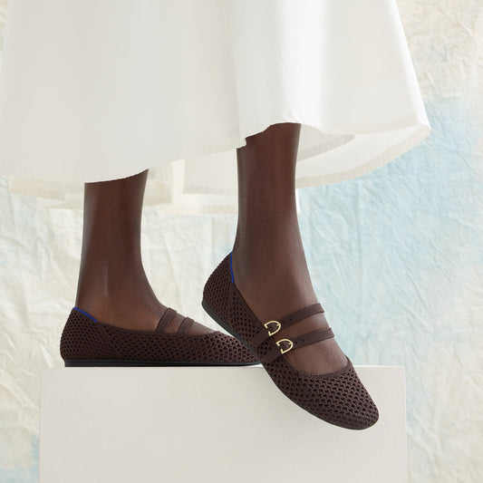 hover | Model wearing The Double Buckle Mary Jane in Chocolate Mesh.