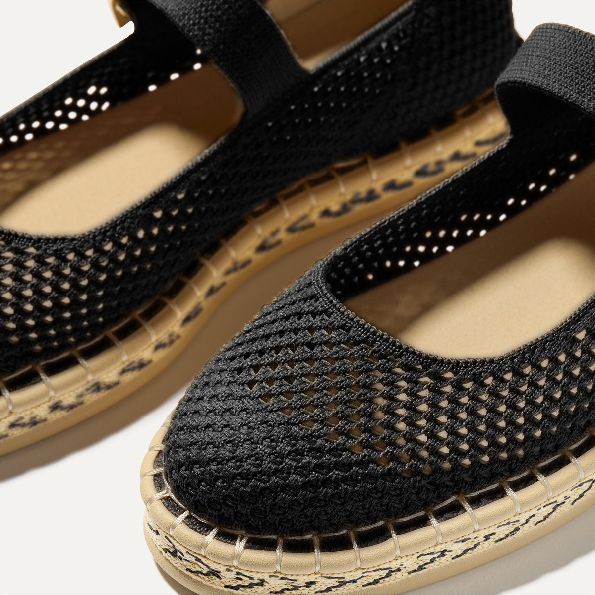 Close up of the vamp of The Espadrille Mary Jane in Black.