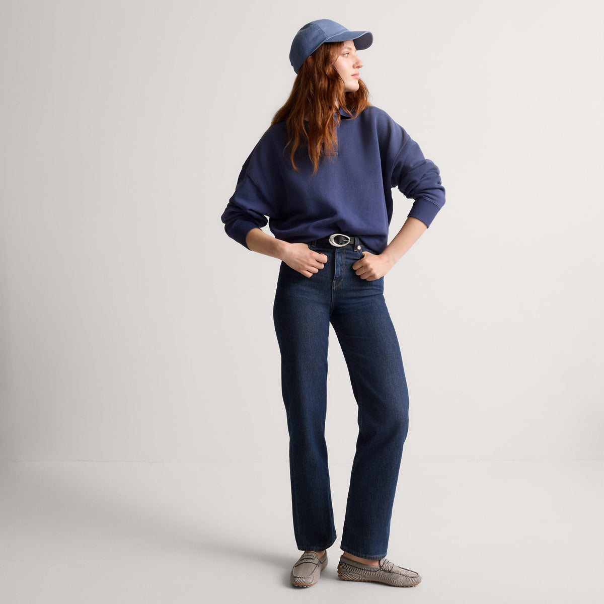 model | Alternate view of a model wearing The Daily Driver in Iron Herringbone.