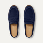 The Penny Loafer Mule in ReVelvet Navy shown from the top.