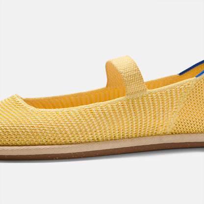 The vamp and top strap of The Cruiser Mary Jane in Sunbeam Raffia-Knit.