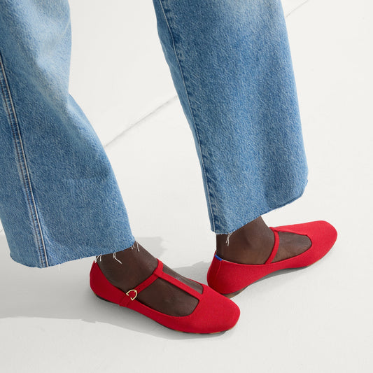 hover | Model wearing The T-Strap Mary Jane in Red Crisp.
