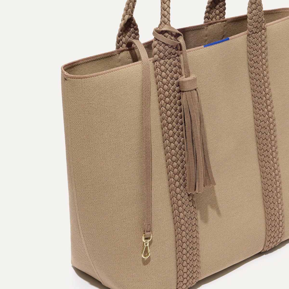 The Lightweight Tote in Caramel Twist shown with its handy key leash.