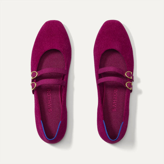 The Double Buckle Mary Jane in ReVelvet Mulberry shown from the top.