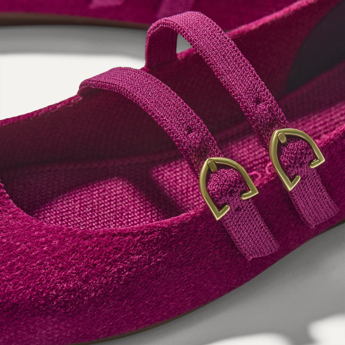 Close up of the buckle details of The Double Buckle Mary Jane in ReVelvet Mulberry.