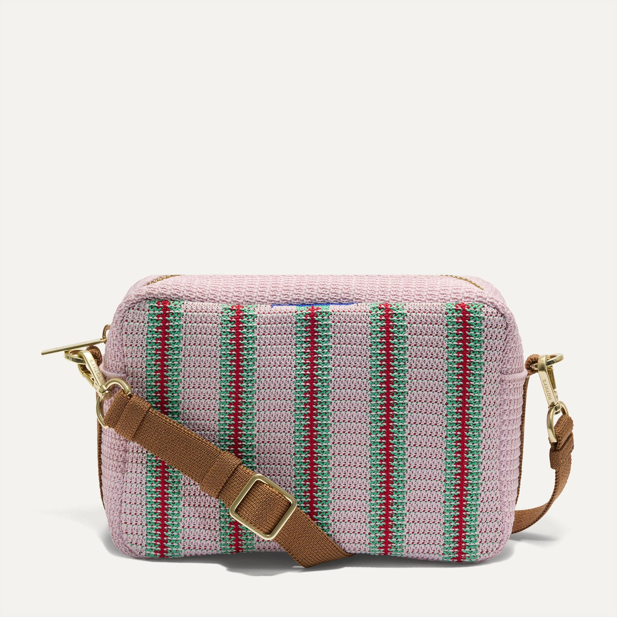 PDP | The Crossbody Camera Bag in Watermelon Market Stripe, shown from the front.