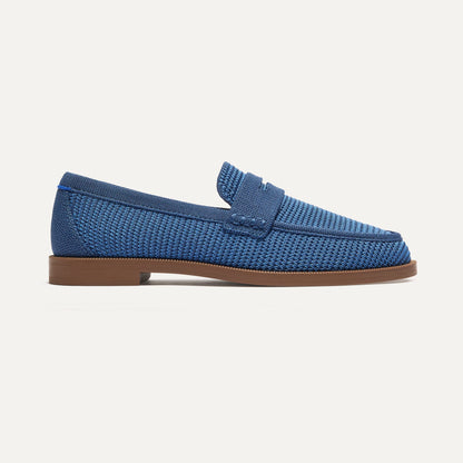 side | The Penny Loafer in Blue Raffia-Knit shown from the side.