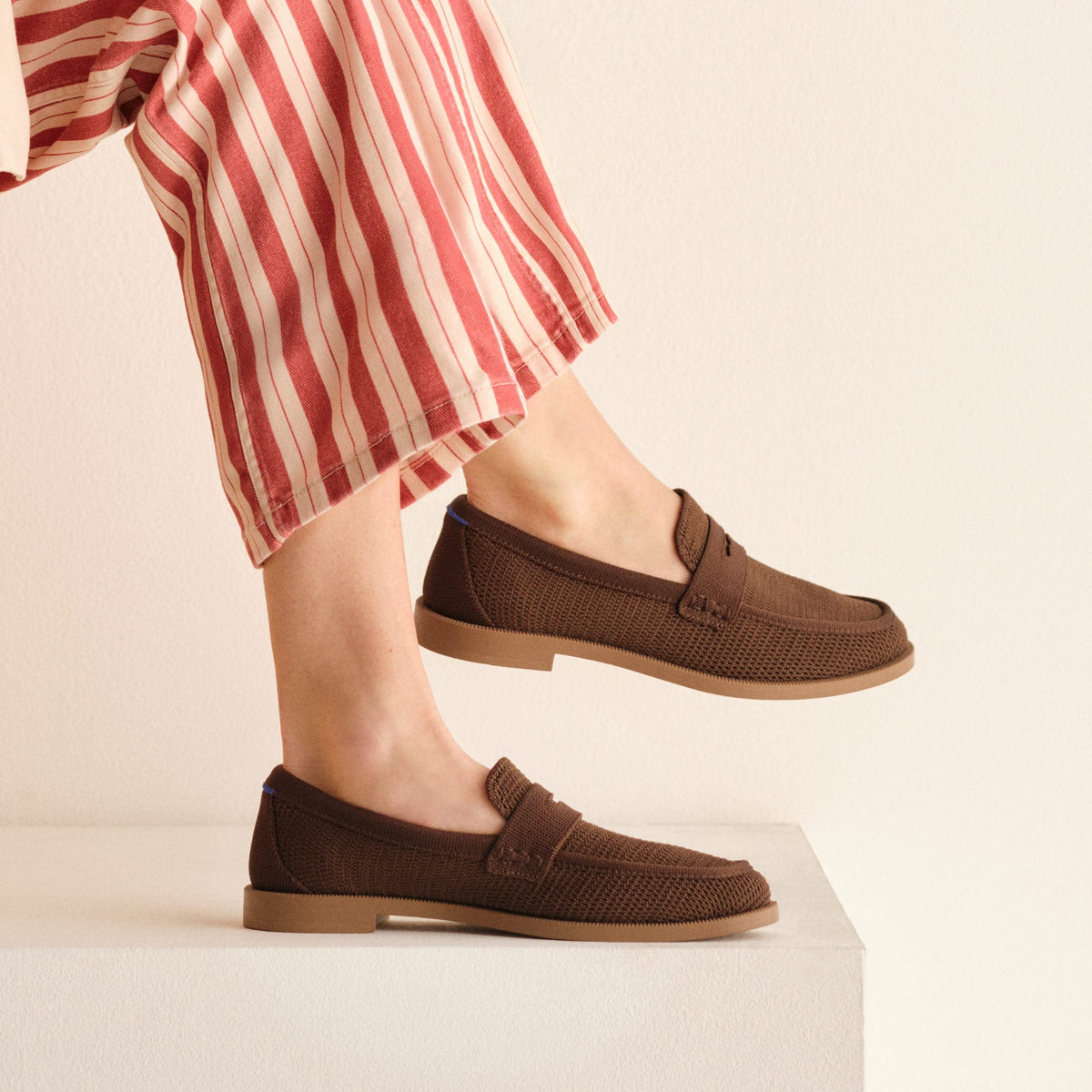hover | Model wearing The Penny Loafer in Cinnamon Raffia-Knit.