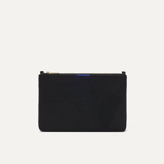 PLP |The Convertible Clutch in Black Espresso Open-Knit, shown from the front.