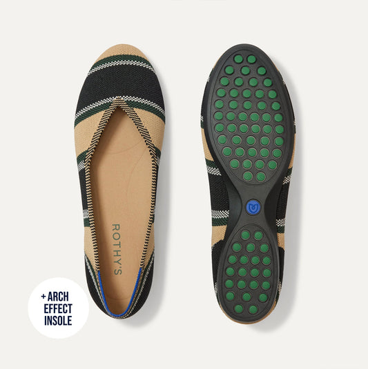 The Daily Flat in Hickory Stripe shown from the top with one shoe showing the outsole.