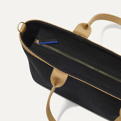 The Lightweight Zip Tote in Black Espresso Open-Knit, focusing on the zip closure and handles