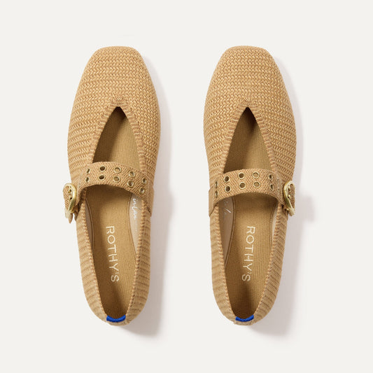 The Max Buckle Mary Jane in Tan Woven shown from the top.