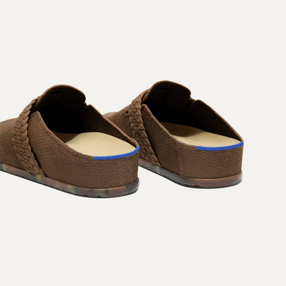 Close up of the heel of The Braid Clog in Acorn, with Rothy's signature blue halo.