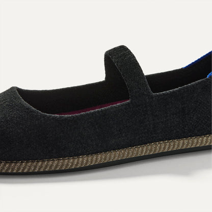 macro | The vamp and top strap of The Cruiser Mary Jane in ReVelvet Black.