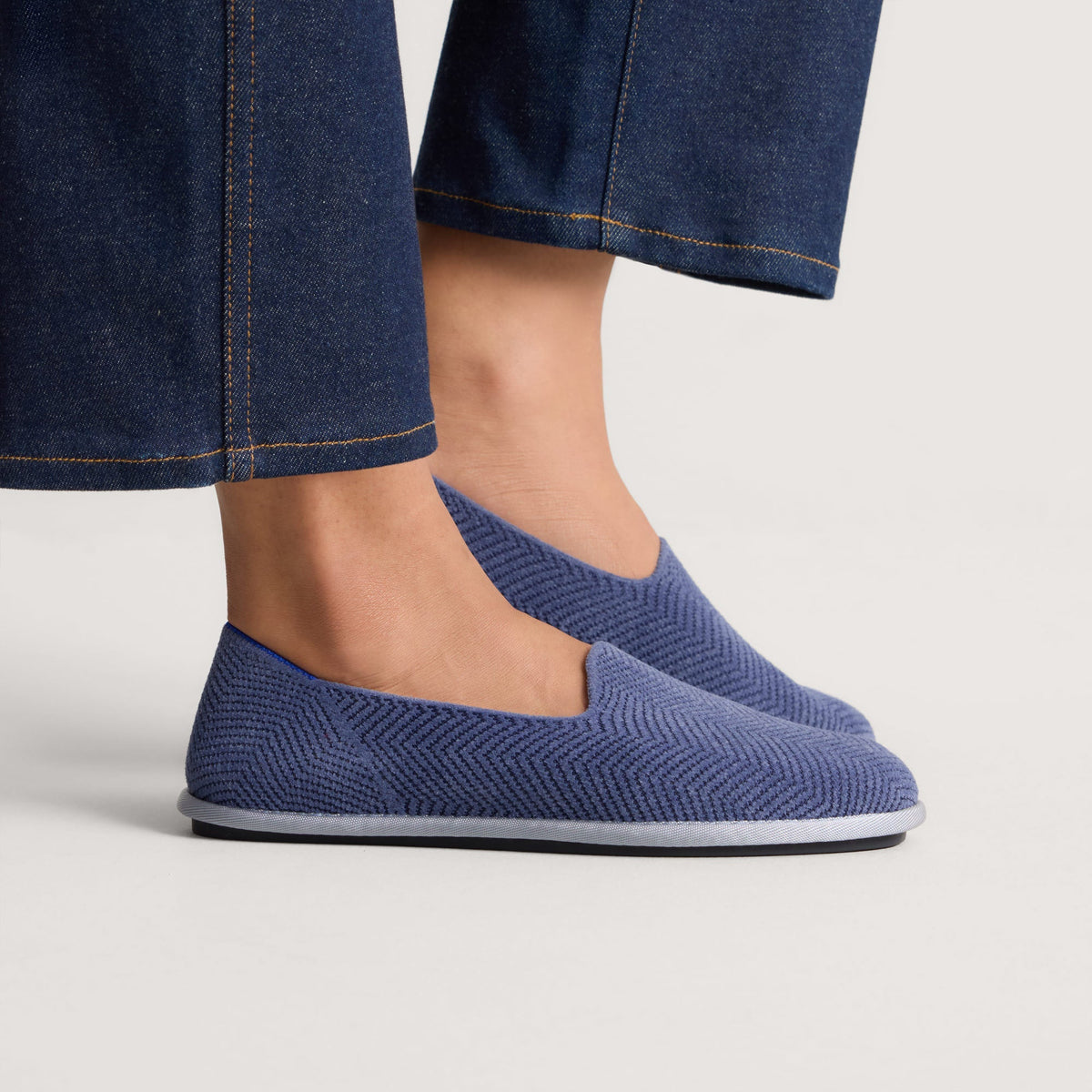 hover | Model wearing The Cruiser Loafer in ReVelvet Fog Herringbone.