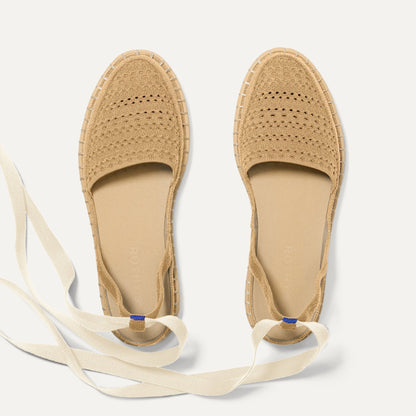 Overlay:: Removable ankle straps! | Alt:: The D'Orsay Espadrille in Camel Crochet shown from the top.