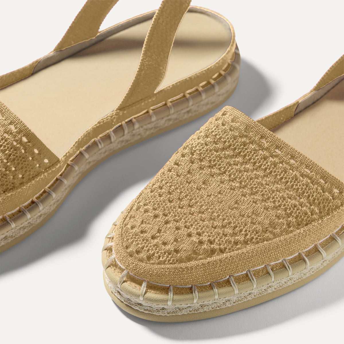 Close up of the vamp of The D'Orsay Espadrille in Camel Crochet.