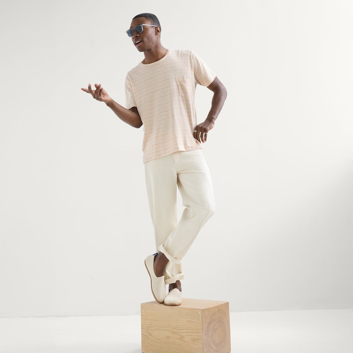 model | Alternate view of a model wearing The Men's Cruiser Loafer in Pebble.