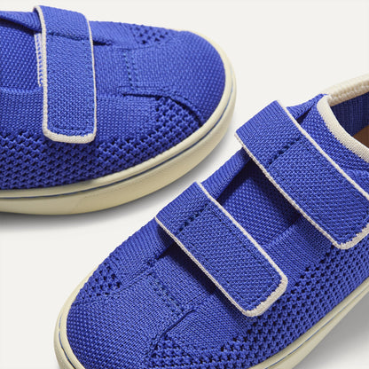 Close up of the vamp of The Kids Strap Sneaker in Buoy Open-Knit.